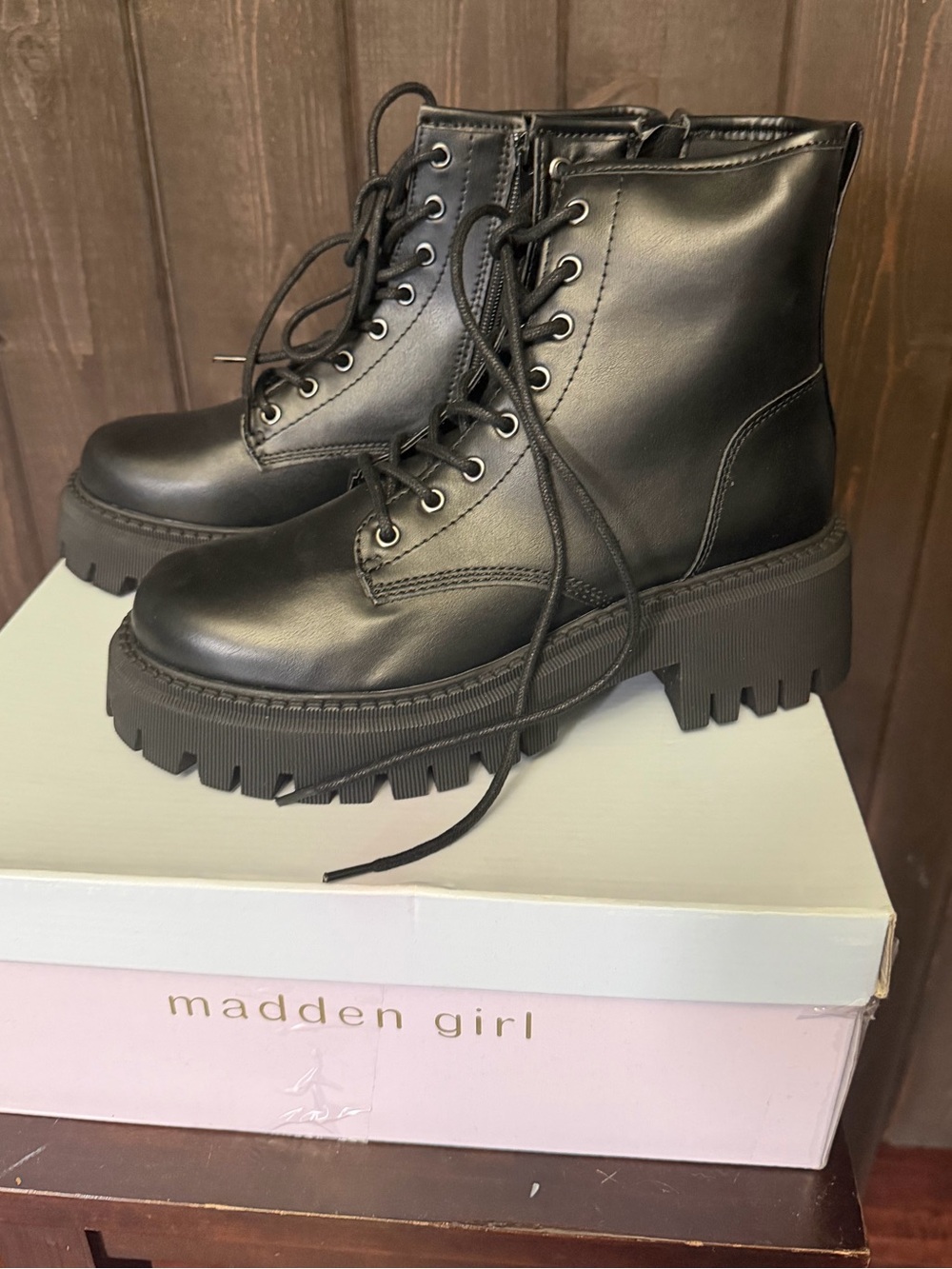 Madden Girl Kkendra Black Combat Boots Side Zipper Lace-up Women’s NEW Sz 8M